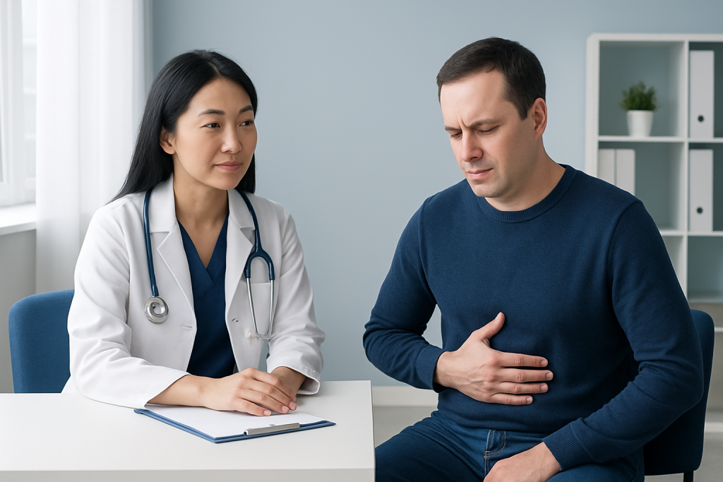 Doctor consulting with patient experiencing stomach discomfort in clinic.