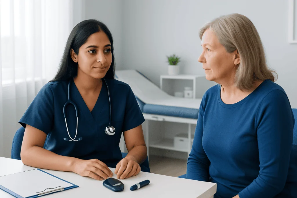 Doctor consulting with an elderly female patient in a medical office.
