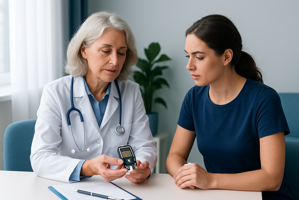 Doctor explaining blood sugar monitor to patient in a clinic setting.