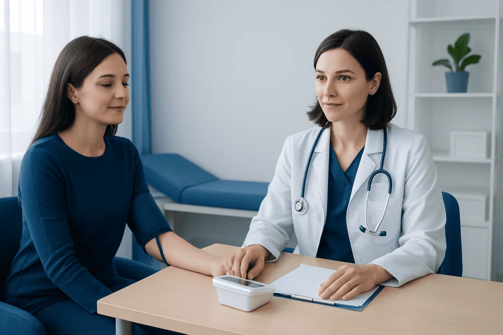 Doctor consulting with a patient in a medical office setting.