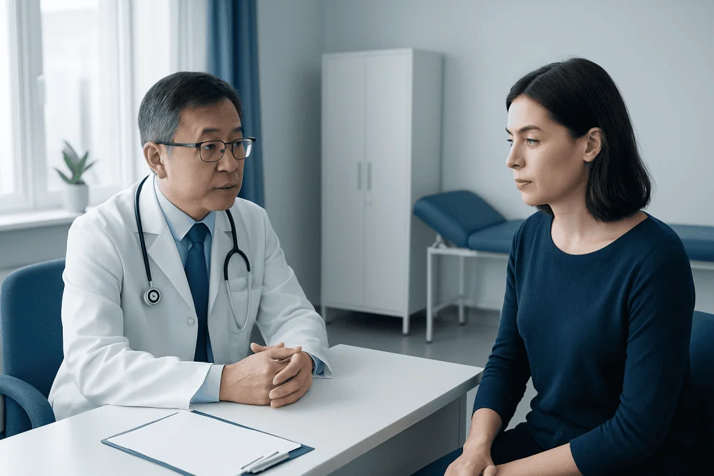 Doctor consulting with a female patient in a medical office.