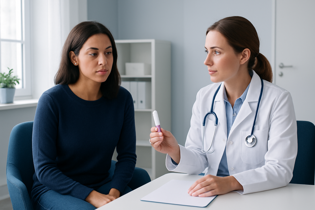 Doctor explaining tampon use to patient in a consultation room.