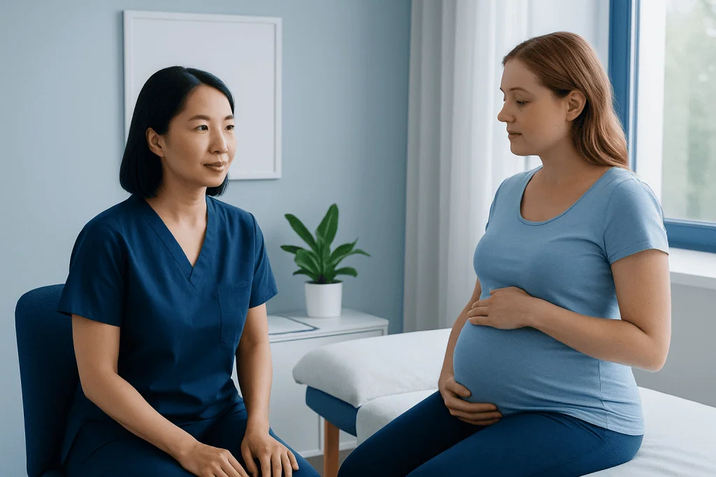 Pregnant woman consulting with healthcare professional in a clinic setting.