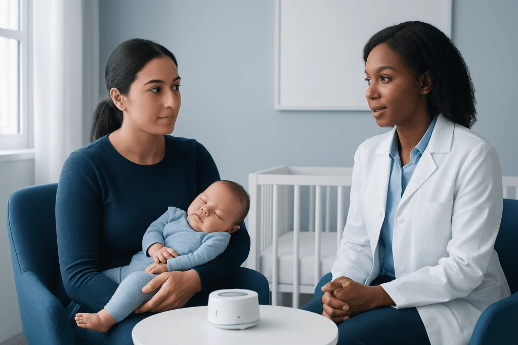 Mother and doctor discuss infant sleep with white noise machine in hospital room.