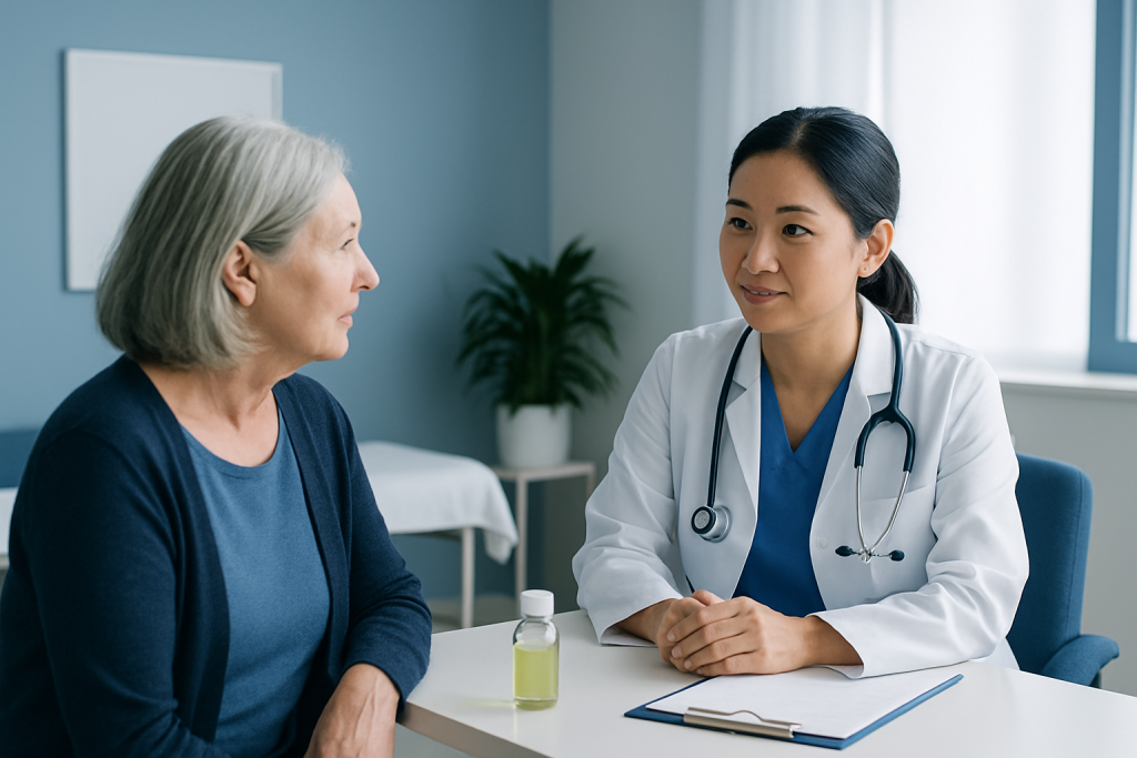 Doctor consulting with an elderly female patient in a medical office.