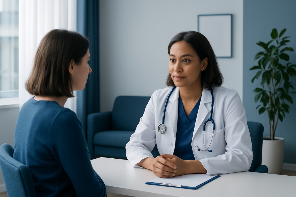 Female doctor consulting with a patient in a modern clinic setting.