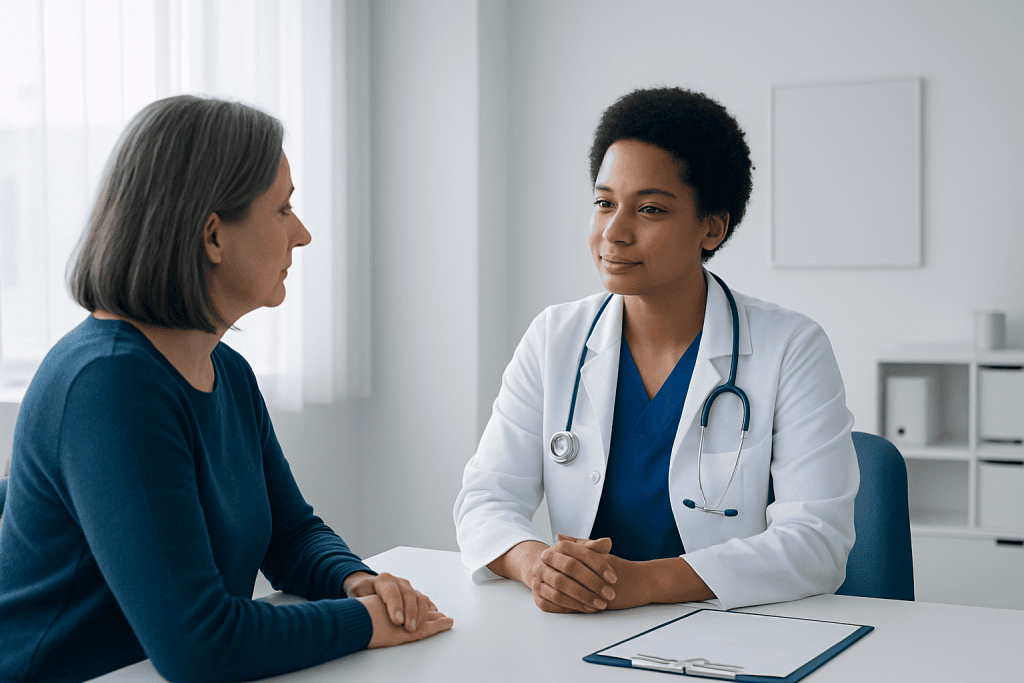 Doctor consulting with a patient in a modern medical office.