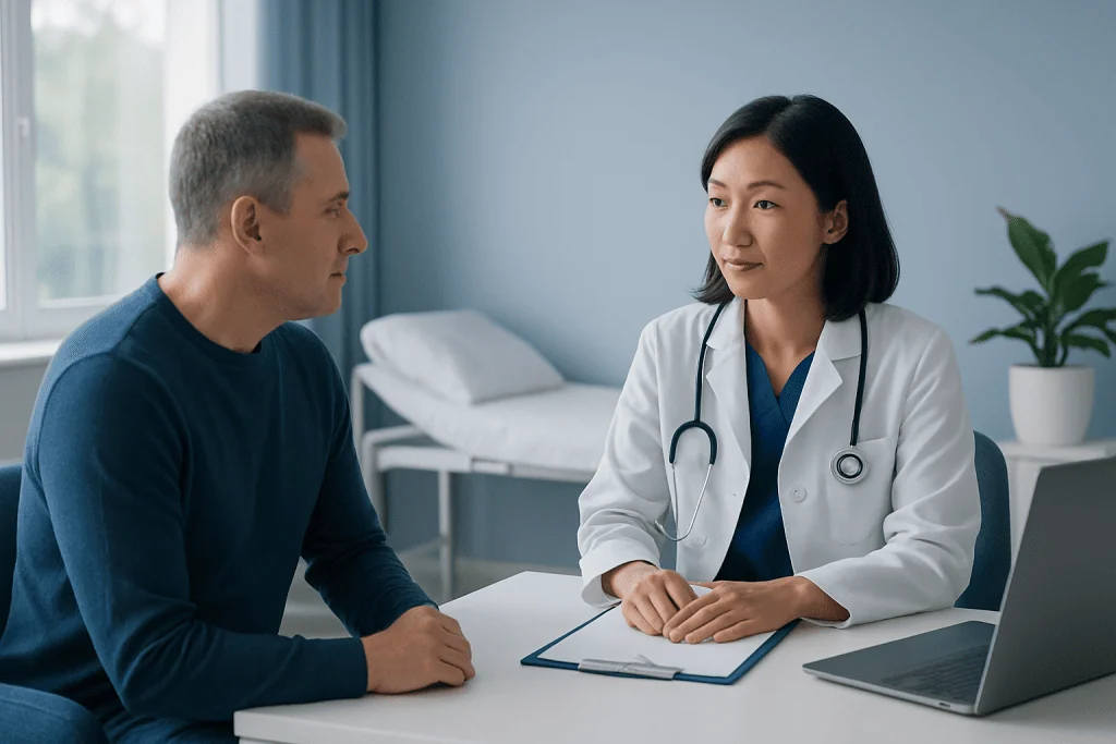 Doctor consulting with a male patient in a modern clinic setting.