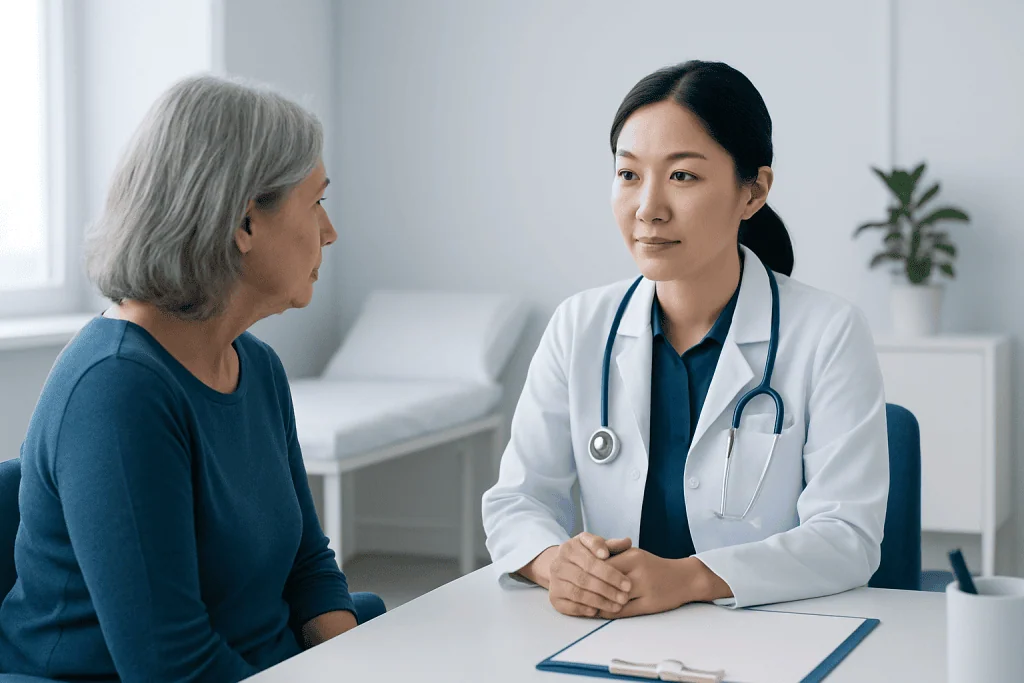 Doctor consulting with an elderly patient in a medical office.
