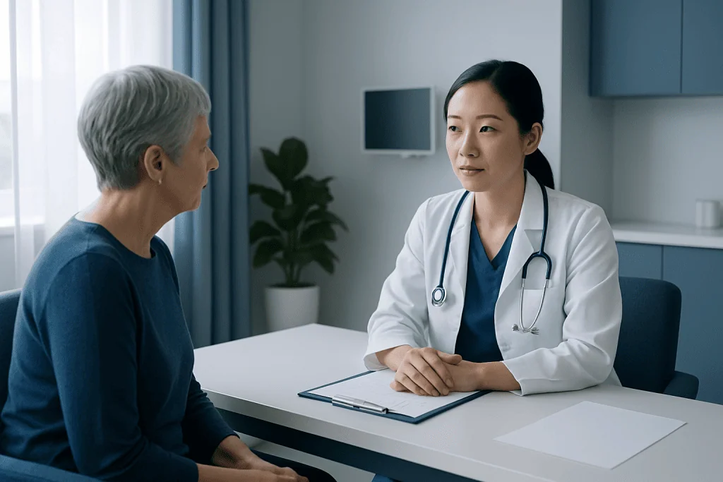 Doctor consulting with an elderly female patient in a modern clinic setting.