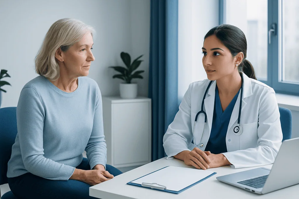 Doctor consulting with an elderly female patient in a medical office.