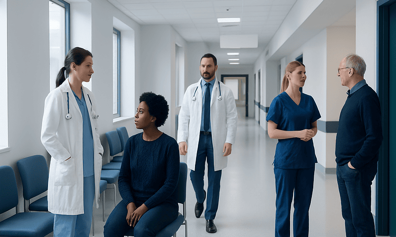 Medical team discussing patient care in hospital corridor.