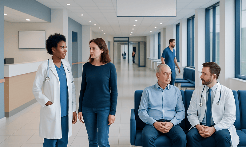 Medical professionals and patient in hospital corridor at Acibadem Hospitals Group.