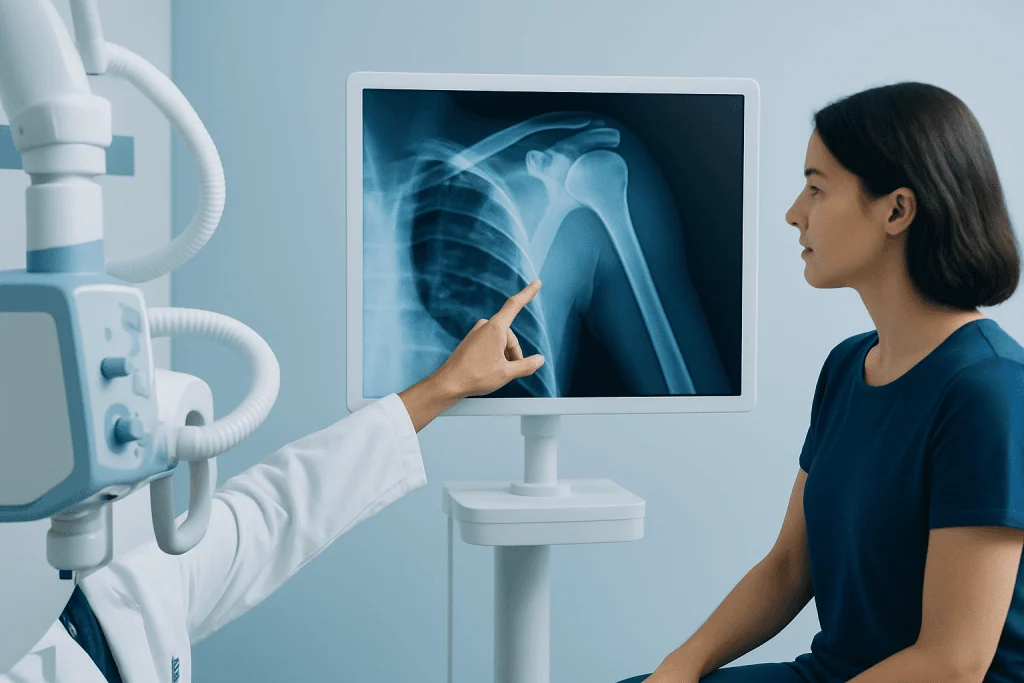 Medical professional examining a shoulder X-ray on a monitor.