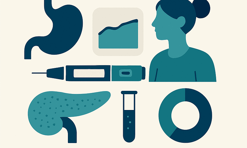 Medical illustration of digestive system, pancreas, and health monitoring tools.