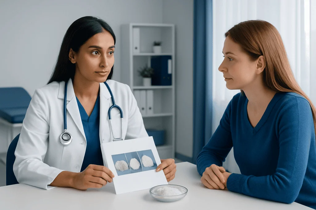 Doctor explaining iodine in sea salt to patient in a consultation room.