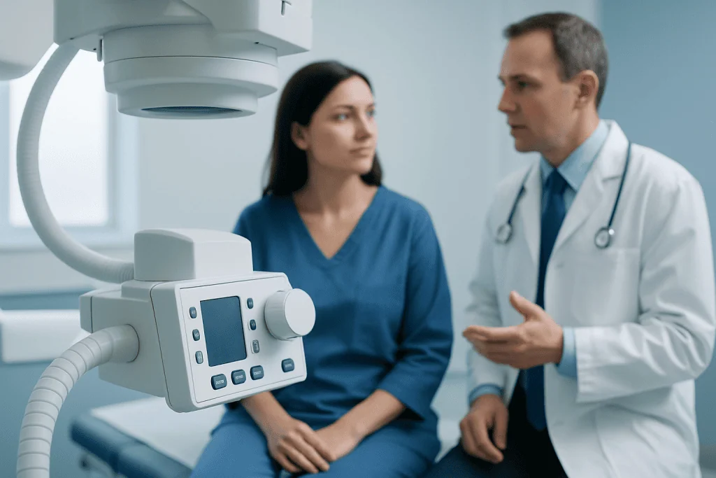 Doctor explaining medical procedure to a patient in a hospital room.