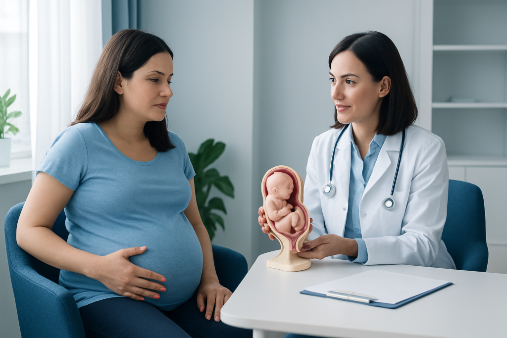Pregnant woman consulting with doctor holding a fetal model in a medical office.