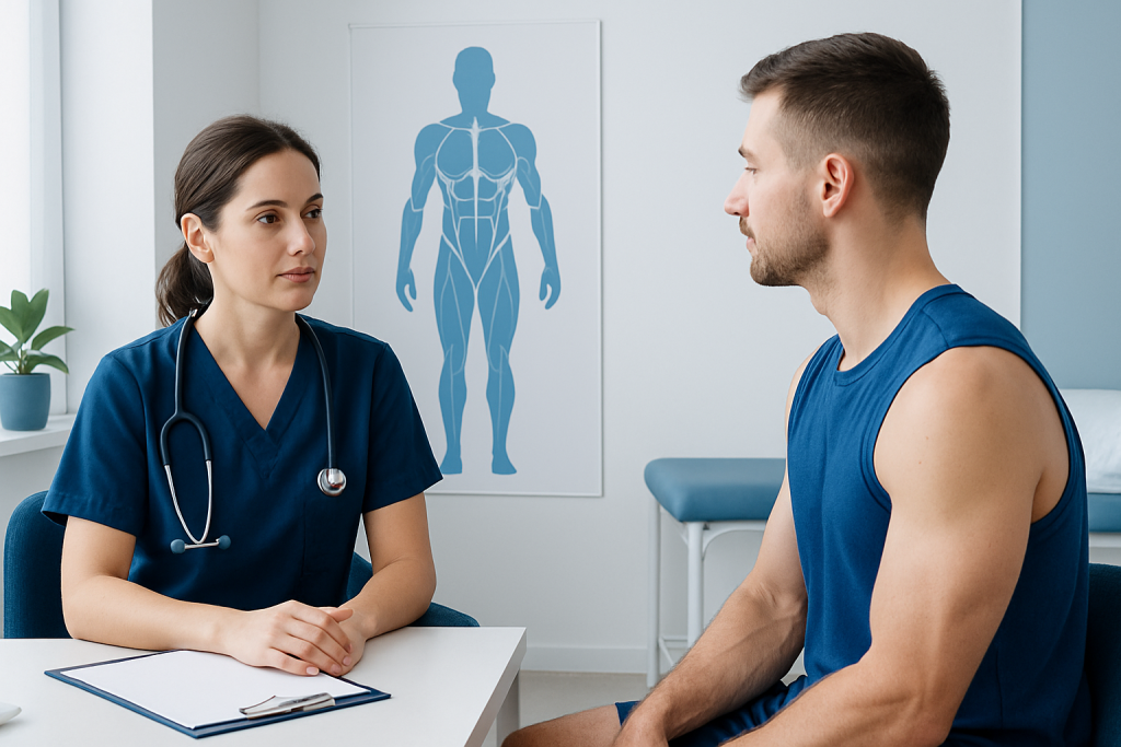 Doctor consulting patient about muscle groups involved in planks exercise.