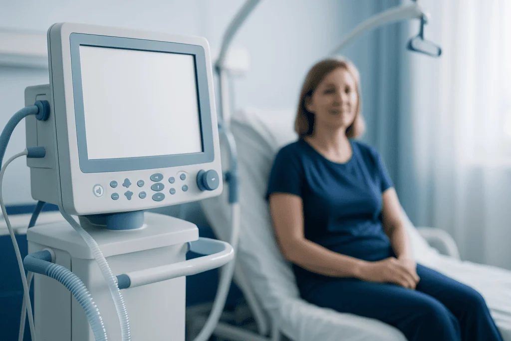Patient in hospital bed with medical monitor in a healthcare setting.
