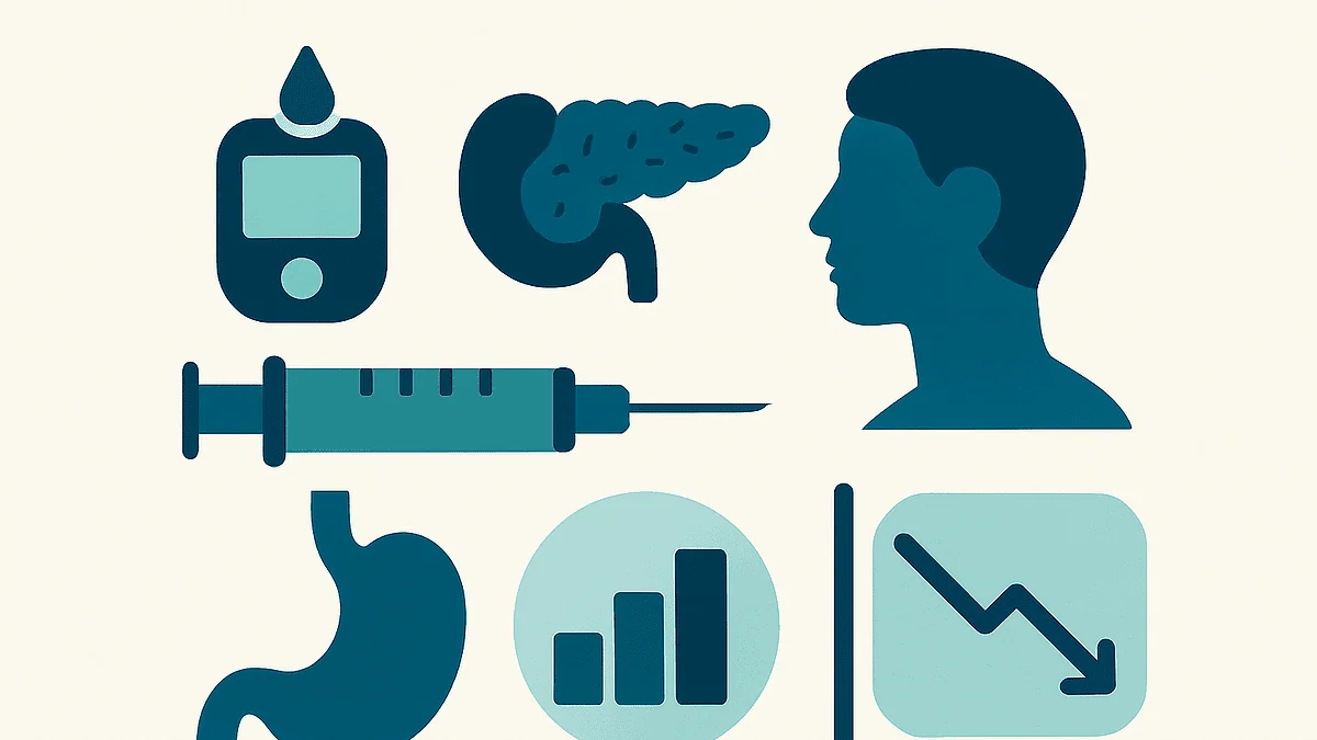 Medical icons representing diabetes management and health monitoring tools.