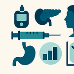 Medical icons representing diabetes management and health monitoring tools.