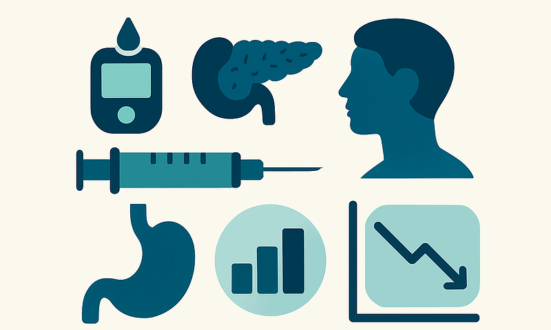 Medical icons representing diabetes management and health monitoring tools.