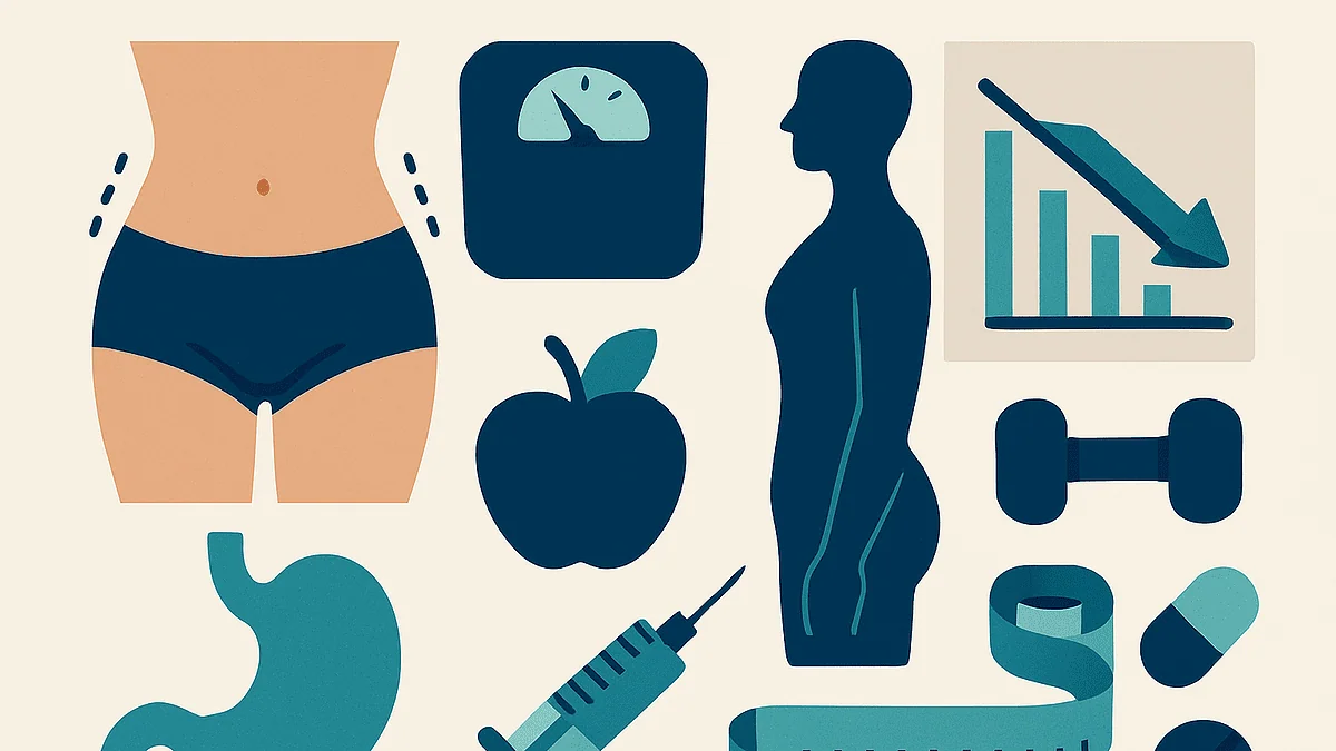 Health and weight loss icons including stomach, scale, apple, and measuring tape.
