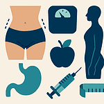 Health and weight loss icons including stomach, scale, apple, and measuring tape.