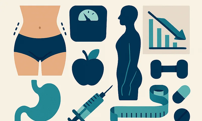 Health and weight loss icons including stomach, scale, apple, and measuring tape.