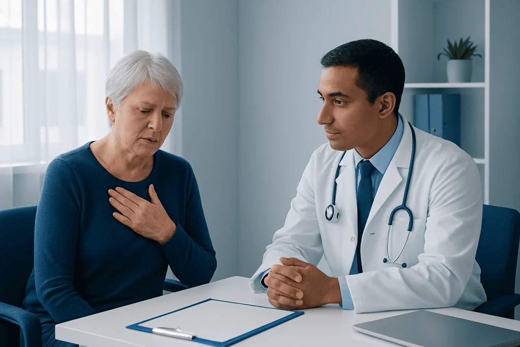 Doctor consulting with an elderly woman in a medical office.