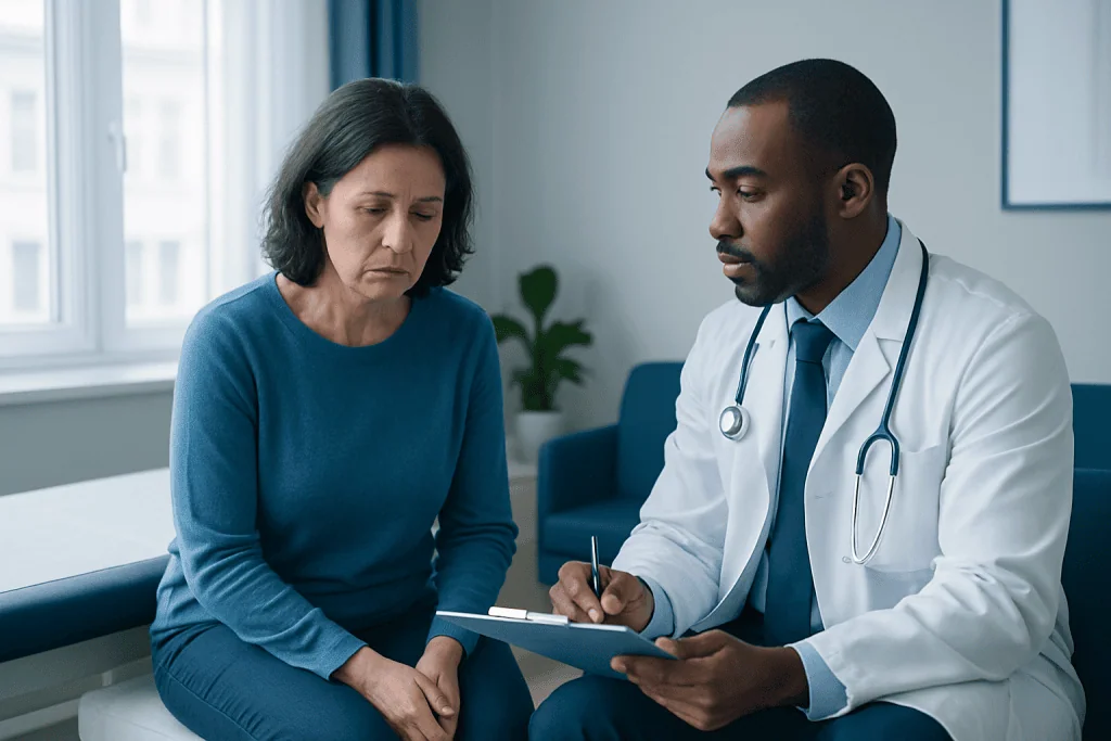 Doctor consulting with a female patient in a medical office.