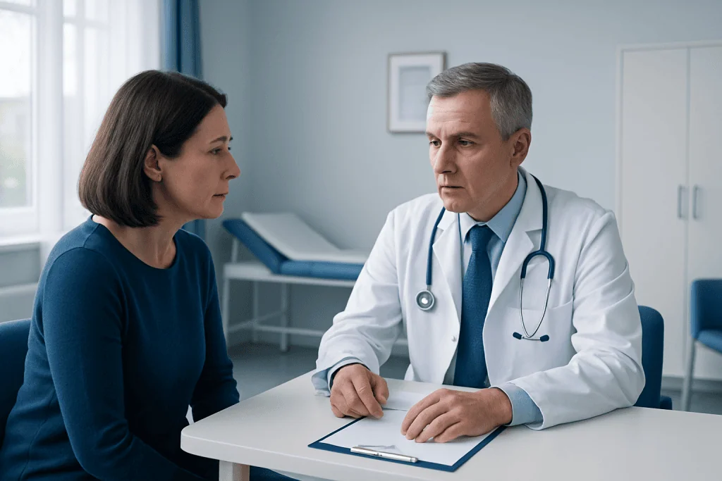Doctor consulting with a female patient in a medical office setting.