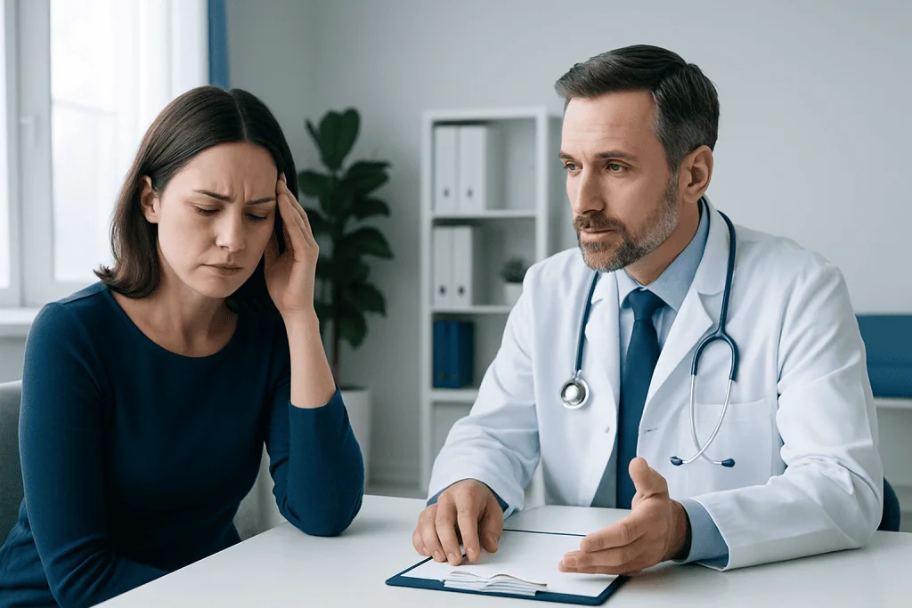 Doctor consulting with a woman patient about health concerns in a clinic setting.