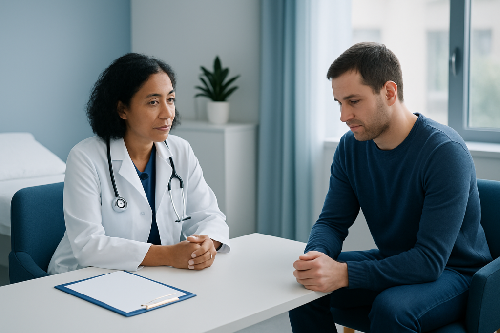 Doctor consulting with a male patient in a medical office.