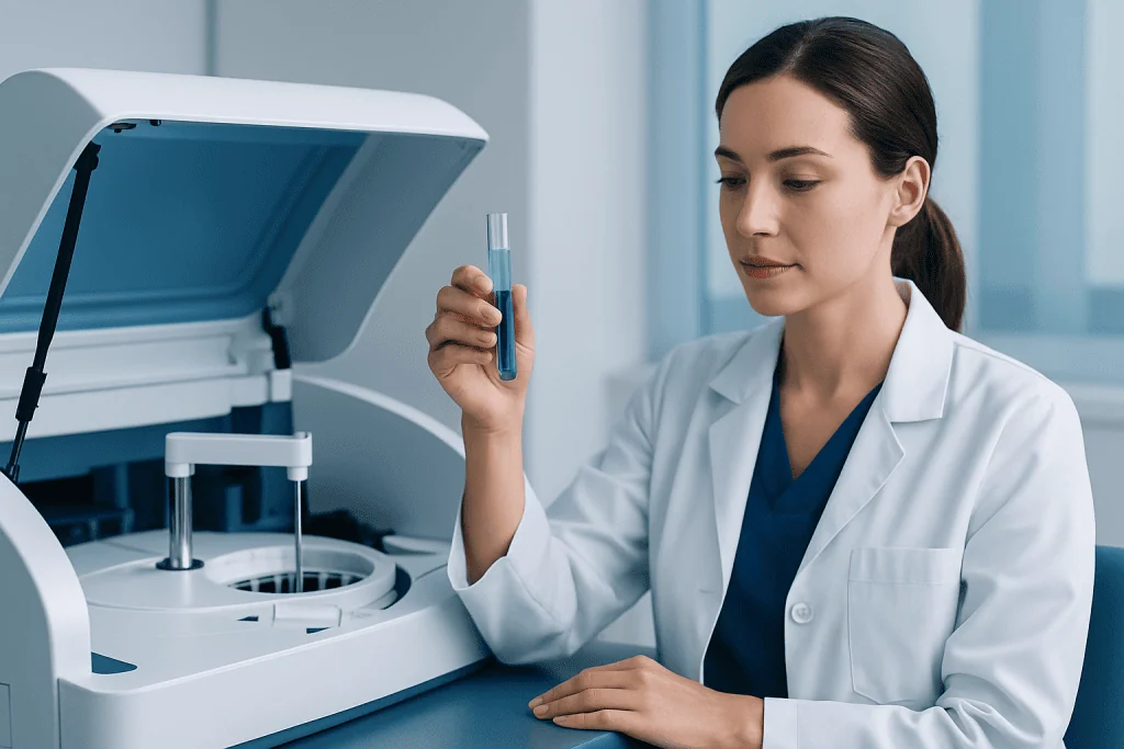Laboratory technician examining a test tube with blue liquid in a medical lab setting.