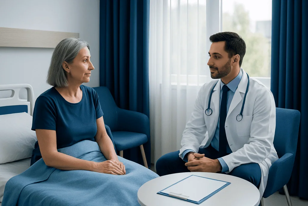 Doctor consulting with a female patient in a hospital room.