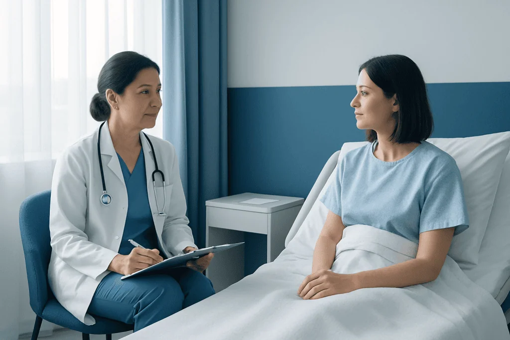 Doctor consulting patient in hospital room at Acibadem Hospitals Group.