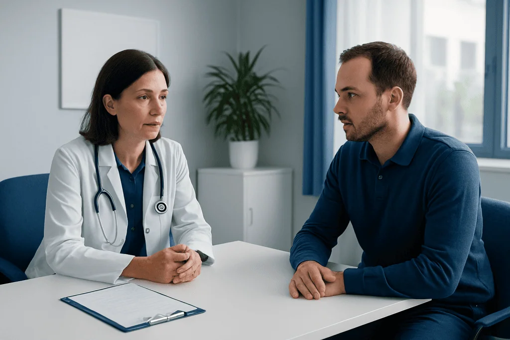 Doctor consulting with patient in a medical office setting.