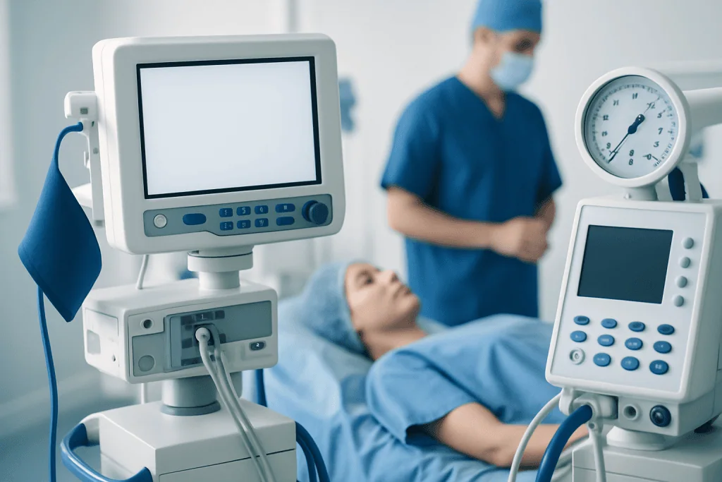 Hospital patient in ICU with medical monitors and healthcare professional.
