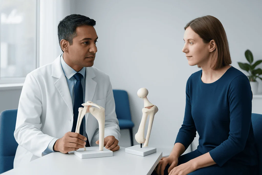 Doctor explaining shoulder joint anatomy to a patient with models.