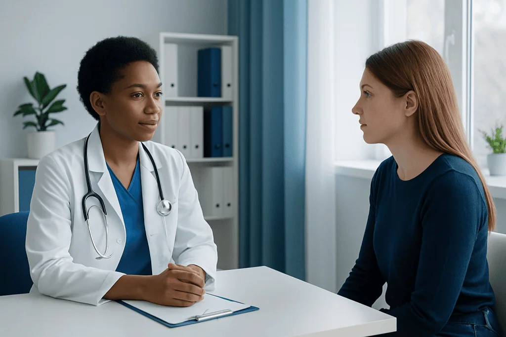 Doctor consulting with a patient in a medical office setting.