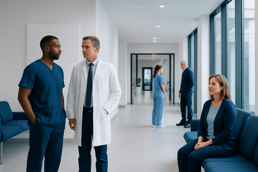 Cialis vs Viagra: Key Differences and How Doctors Tell Them Apart 1 Medical professionals discussing patient care in a modern hospital corridor.