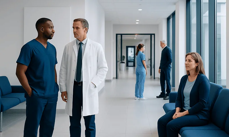 Medical professionals discussing patient care in a modern hospital corridor.
