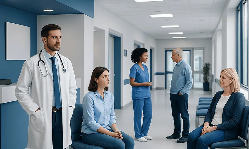 Medical professionals and patients in a hospital corridor at Acibadem Hospitals Group.