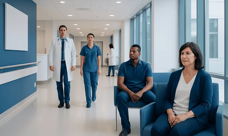 Medical professionals and patients in a modern hospital corridor.