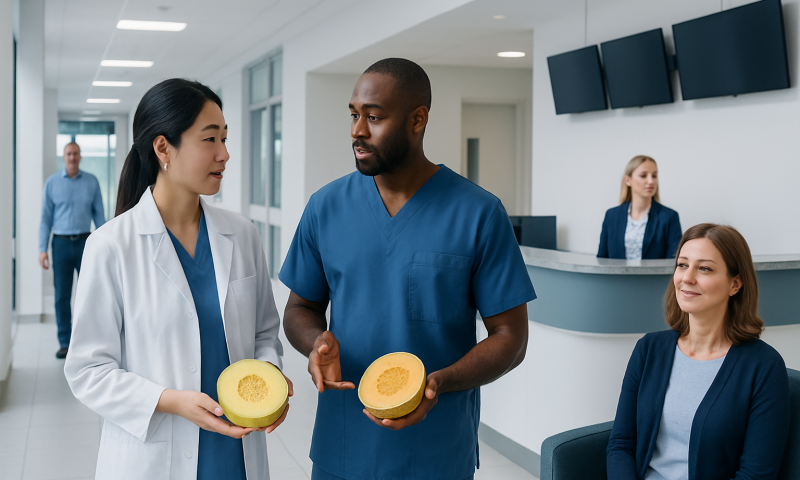 Medical professionals discussing melons in a hospital corridor.