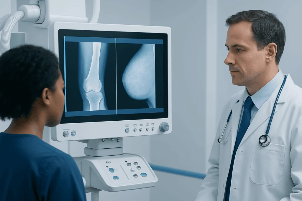 Doctor reviewing knee X-ray with patient in medical office.