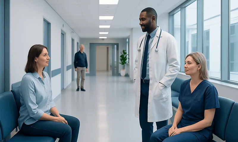 Doctor consulting with two female patients in hospital corridor.
