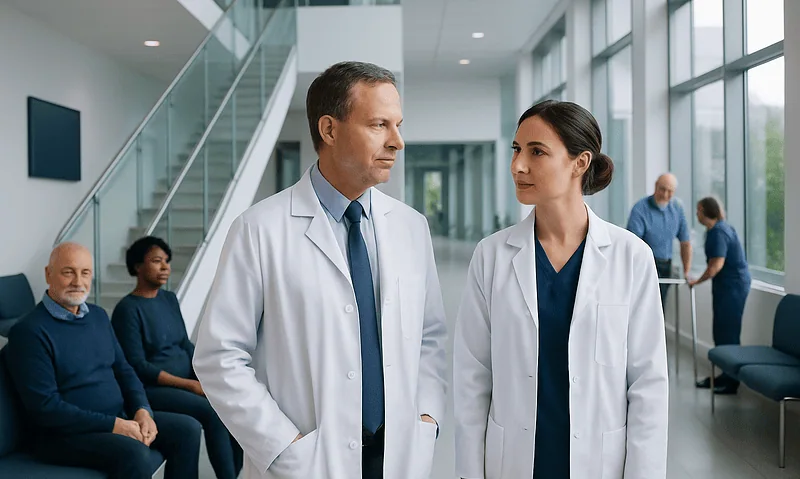 Doctors discussing patient care in a modern hospital corridor.